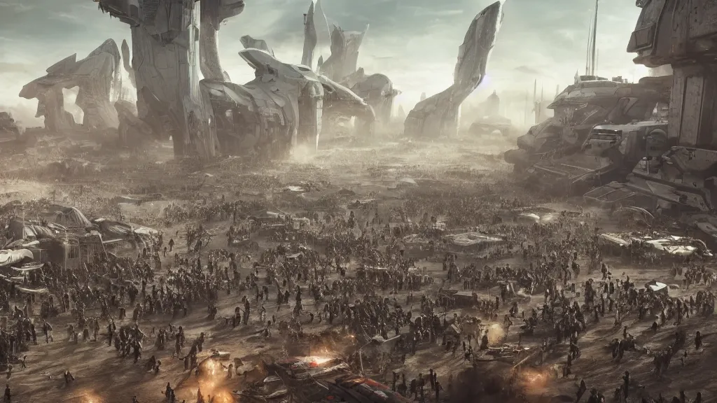 Prompt: a horde of people surrounding a spaceship in a post-apocalyptic city, low angle, flying spaceships in background, hyperrealistic, V-Ray 8k UHD