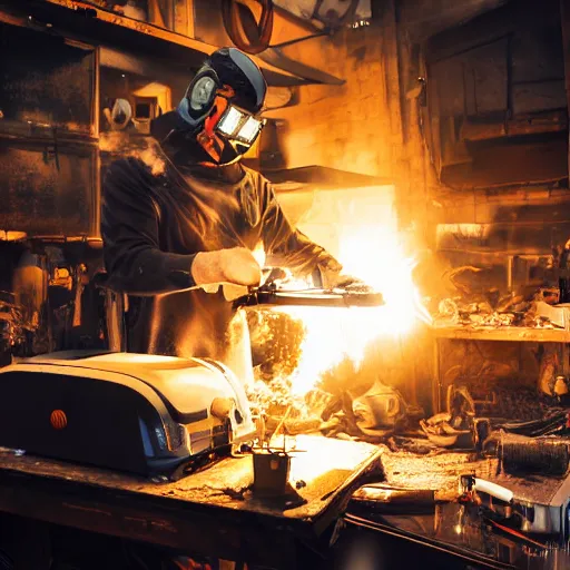 Image similar to cyborg toaster oven repairman, dark messy smoke - filled cluttered workshop, dark, dramatic lighting, orange tint, sparks, plasma rays, cinematic, highly detailed, sci - fi, futuristic, movie still