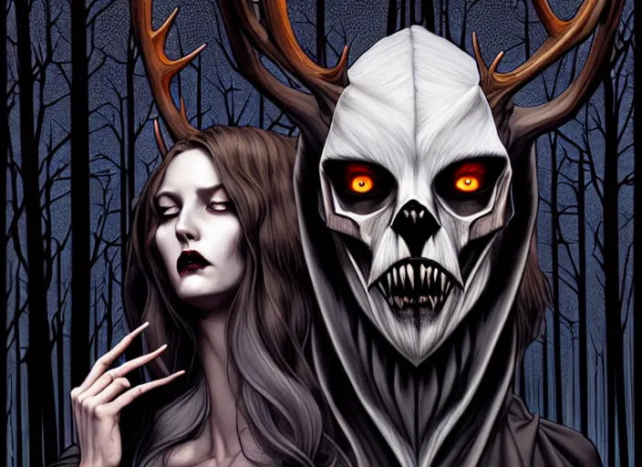 Image similar to style artgerm, joshua middleton, diego fazio, gerald brom : : scary wendigo with antlers and skull face mixed with werewolf : : [ beautiful witch wearing a black dress, symmetrical face, on the right side ] : : in the forest, detailed, dark and foggy, cinematic lighting