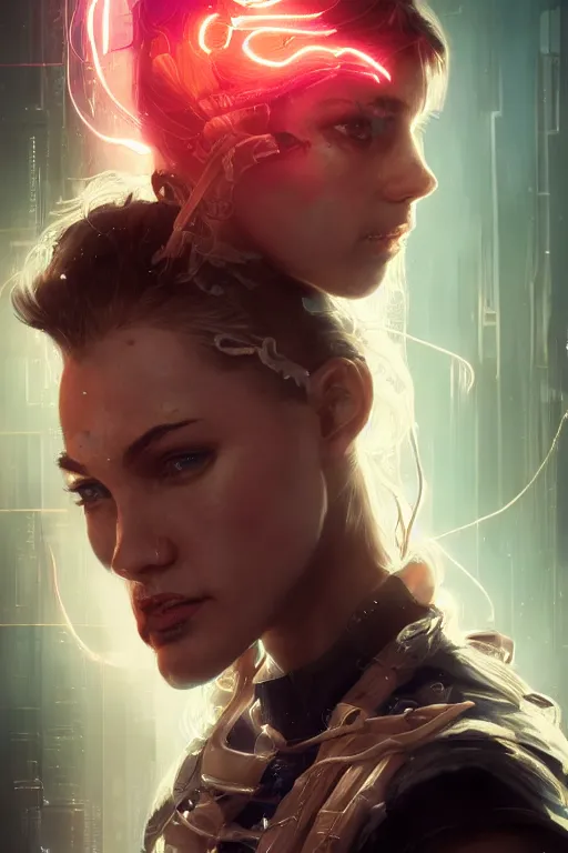 Image similar to A cyberpunk female heroine character portrait with a facial rash, prosthetic arm, and flowing ribbons of light pouring into her, cinematic lighting, hyper-detailed, cgsociety, 8k, high resolution, in the style of Charlie Bowater, Tom Bagshaw, Alexis Franklin, Elena Masci, Pawel Rebisz