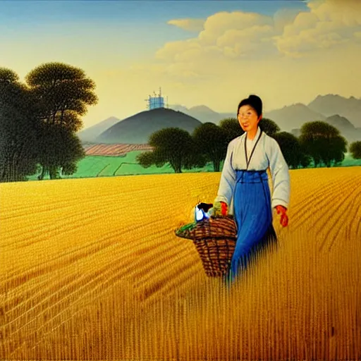 Image similar to cat farmer, walking in the wheat field, nature landscape on the background, fenghua zhong, sharp deep, oil art