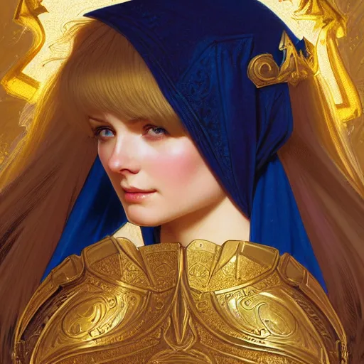 Image similar to of Alice Zuberg, young woman with blonde hair and bangs wearing a golden ornate paladin armor with a blue cloak, dark fantasy, medium shot, intricate, elegant, highly detailed, digital painting, volumetric light, artstation, concept art, smooth, sharp focus, illustration, art by Gil Elvgren and Greg Rutkowski and Alphonse Mucha