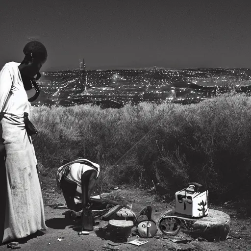 Image similar to photo of beautiful African woman inspecting laser gun, tools and junk on the ground,wires with lights, old village in the distance, vintage old photo, black and white, sepia