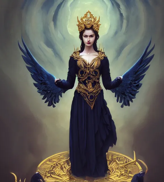 Prompt: god of death, young male, in the underworld, elegant dark blue dress, very detailed, throne, very intricate details, jewelry, gold eyeshadow, elaborate long black hairstyle, wings, cinematic, artstation, william bouguereau, magali villeneuve, greg rutkowski, rossdraws, octane render