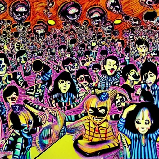 Image similar to techno party, dancing, ecstatic artwork by junji ito and jeff koons