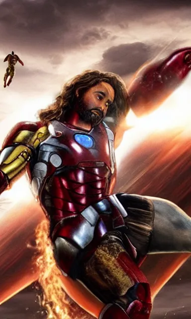 Image similar to full shot photograph of jesus christ being carried by iron man on doomsday, photorealistic, cinematic lighting, extremely detailed, marvel cinematic universe