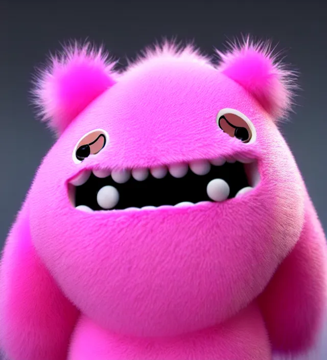 Image similar to high quality 3 d render hyperrealistic very cute big pink little spherical creature, happy, smile, plush mascot, short spiky dense fluffy smooth fur, isometric view, pink fluffy fur, 1 5 0 mm, beautiful natural soft light, rim light, smooth background, artstation, ultra detailed, elegant, ultra detailed, metallic armor, octane render