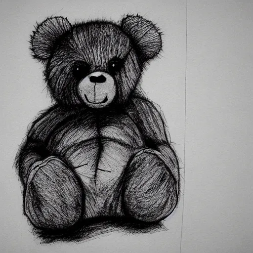 Prompt: grunge drawing of a teddy bear in the style of the grudge | horror themed