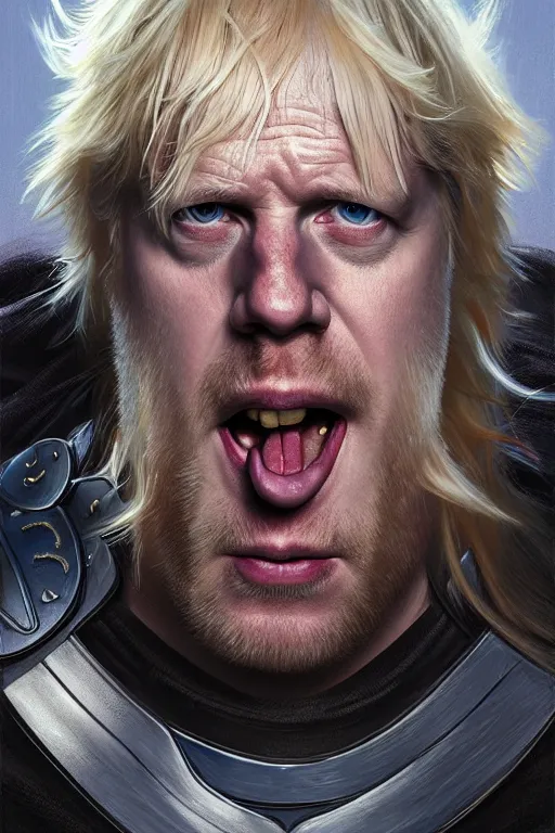 Image similar to Boris Johnson as Thor, realistic portrait, symmetrical, highly detailed, digital painting, artstation, concept art, smooth, sharp focus, illustration, cinematic lighting, art by artgerm and greg rutkowski and alphonse mucha