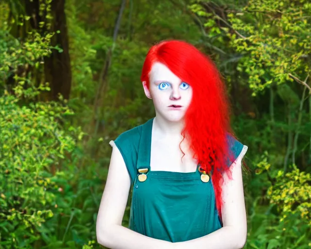 Image similar to A young lady with a round face, very long bright red hair, big green eyes, barefoot, wearing a teal t-shirt and gold overalls, award winning photograph