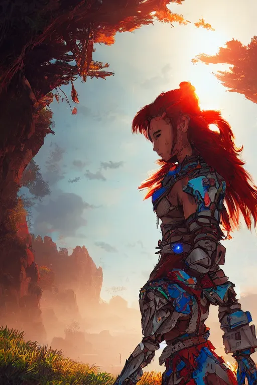 Image similar to combination suit armor aloy horizon forbidden west horizon zero dawn radiating a glowing aura global illumination ray tracing hdr fanart arstation by ian pesty and alena aenami artworks in 4 k tribal robot ninja mask helmet backpack