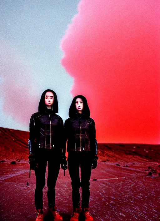 Image similar to cinestill 5 0 d photographic portrait of two loving female androids wearing rugged black techwear on a desolate plain with a red sky, extreme closeup, cyberpunk style, in front of a brutalist dark metal facility, dust storm, 8 k, hd, high resolution, 3 5 mm, f / 3 2, ultra realistic faces, ex machina