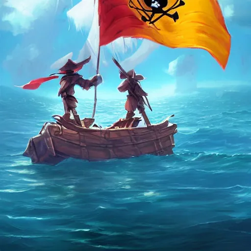 Image similar to two large pirates ship floating on top of a body of water, fighting each other, pirates flag , cgsociety, fantasy art, 2d game art, concept art , ambient occlusion, bokeh, behance hd , concept art by Jesper Ejsing, by RHADS, Makoto Shinkai Cyril Rolando