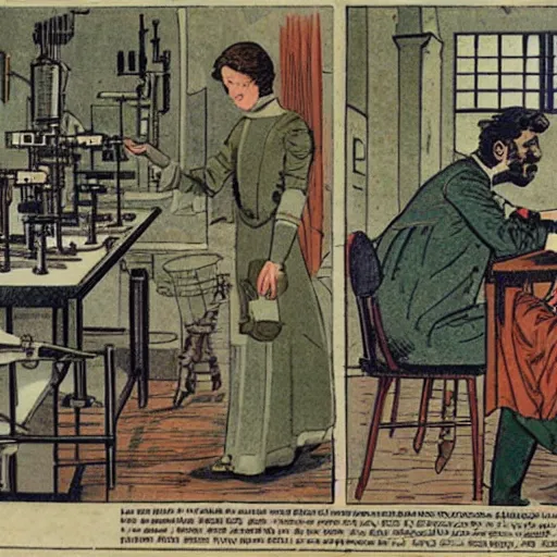 Prompt: a detailed comic book page of a Victorian science laboratory