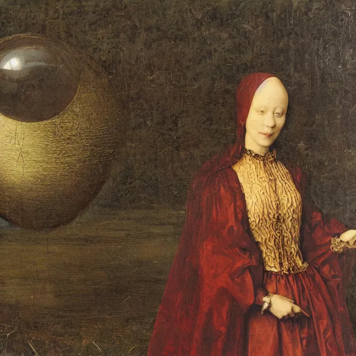 Image similar to a closeup portrait of a woman wrapped in plastic, standing next to a giant huge levitating copper orb, in a foggy pond, by jan van eyck