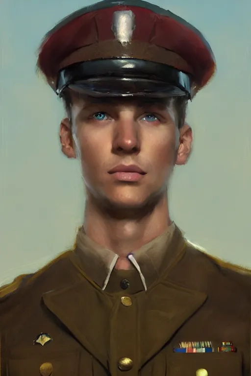 Prompt: Young man with brown hair and blue eyes, wearing a military uniform, by Greg Rutkowski, oil painting, trending on artstation