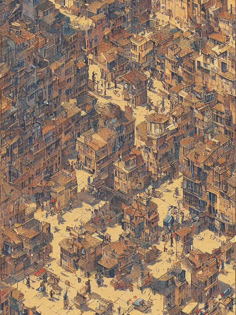 Image similar to isometric view illustration of a medieval Marseille street corner, highly detailed, mid day by Victo Ngai and Bruce pennington