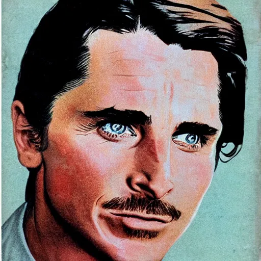 Image similar to “Christian Bale portrait, color vintage magazine illustration 1950”