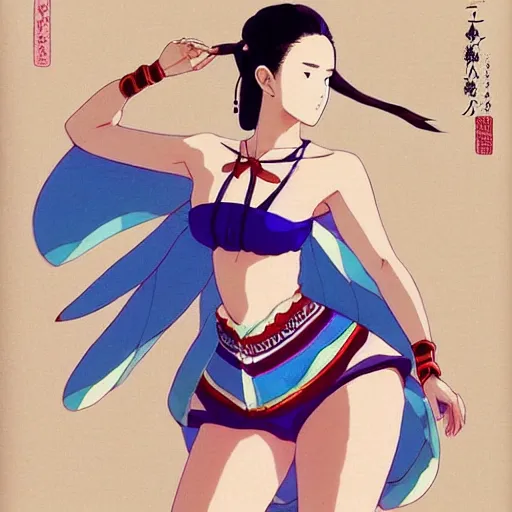 Prompt: a beautiful plus sized model japanese natalie portman, alluring plus sized model, wearing mayan leotard with elegant mayan apron, street fashion hip hop style with mayan patterns, aztec street fashion, gapmoe yandere grimdark, trending on pixiv fanbox, painted by greg rutkowski makoto shinkai takashi takeuchi studio ghibli, akihiko yoshida