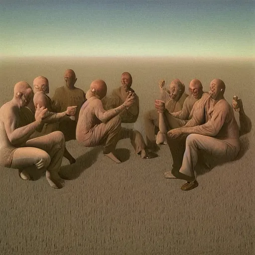 Image similar to a group of men having a beer by artist zdzisław beksinski