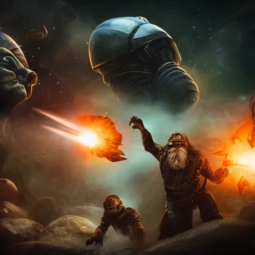 Image similar to dwarven space fleet encounters aliens in deep space, a dramatic space battle, cinematic scene, IMAX quality, 35mm, fierce, extremely moody lighting, glowing light and shadow, atmospheric, shadowy, cinematic, diffuse lighting, fantasy, intricate, elegant, highly detailed, lifelike, photorealistic