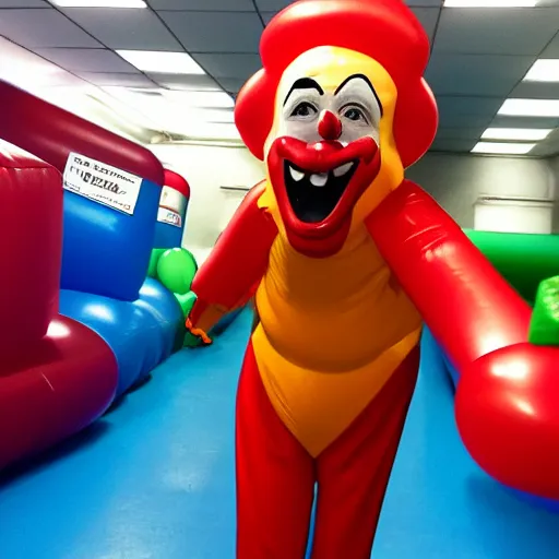 Prompt: chased by a creepy clown in an endless corridor made of bouncy castle