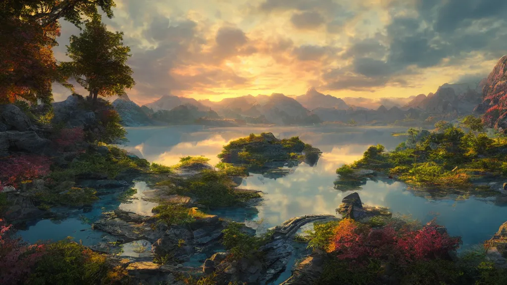 Image similar to amazing landscape with lake in sunset, fantasy artwork, very very very beautiful scenery, hd, hdr, ue5, ue6, unreal engine 5, cinematic 4k wallpaper, 8k, ultra detailed, high resolution, artstation, award winning