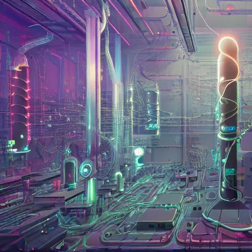 Prompt: an immaculate octane redshift concept art render of the nexus of a vast modern computing center and a mad alchemist\'s lab with exposed circuit boards, nixie tubes and tesla coils by Zdzisław Beksiński and beeple, beautiful modern colors, ultradetailed, 4k ultra