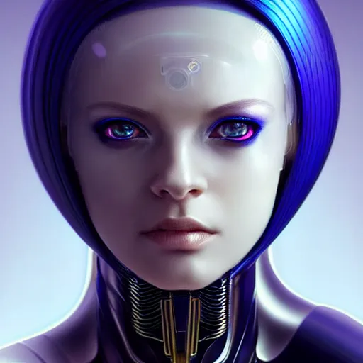 Prompt: futuristic woman android portrait, sci-fi female, striking azure eyes, face, short platinum hair tomboy, cyberpunk femme fatale, intricate, elegant lady with alabaster skin, highly detailed gold filigree, digital painting, artstation, concept art, smooth, sharp focus, illustration, art by artgerm and greg rutkowski and alphonse mucha:3, overexposed, dark, gray:-2