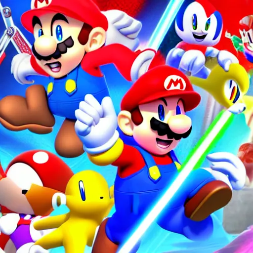 Image similar to super mario, kirby, sonic the hedgehog, super smash bros, star wars themed movie poster high detail accurate eyes and good gesture poses, pokemon anime cartoon style