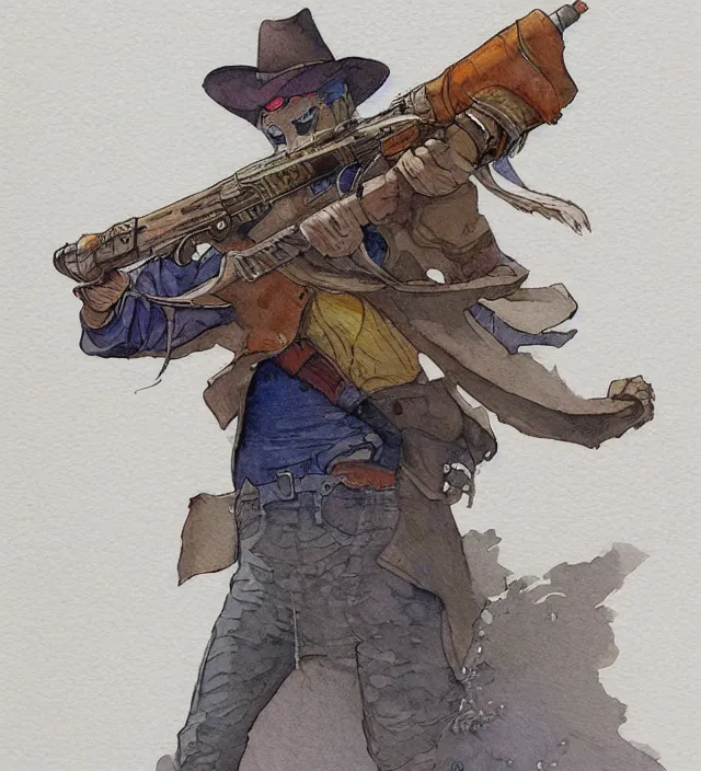 Image similar to a 3 / 4 view watercolor ink painting of an anthropomorphic bunny gunslinger posing with their revolver - rifle in the style of jean giraud in the style of moebius trending on artstation deviantart pinterest detailed realistic hd 8 k high resolution