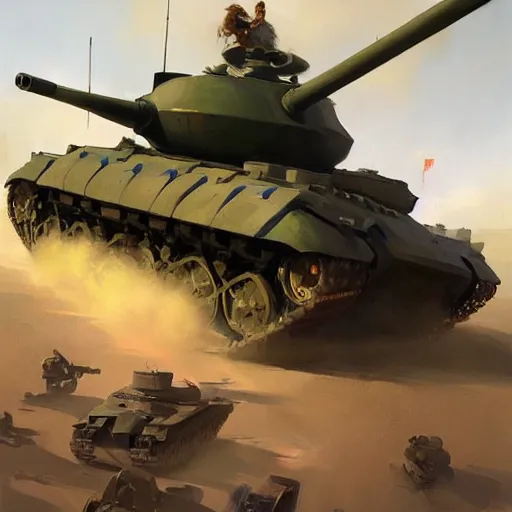 Image similar to greg manchess painting of a tank with an anime decal, organic painting, sunny day, matte painting, bold shapes, hard edges, street art, trending on artstation, by huang guangjian, gil elvgren, ruan jia, randy vargas, greg rutkowski