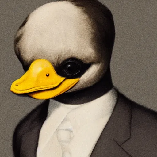 Image similar to a high detail photo of a man with a duck's head wearing a suit, photorealism