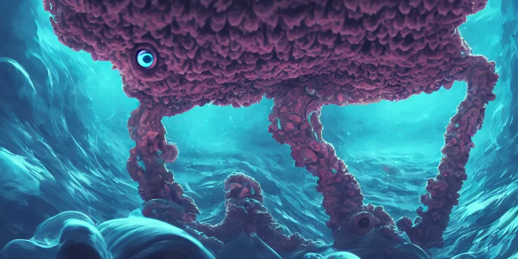 Image similar to of a colorful cloudy deep sea under water with strange cute friendly happy creatures with huge eyes, mouth, long tongue and round teeth appearing from sandy coral, in the style of gehry and gaudi, macro lens, shallow depth of field, highly detailed, digital painting, trending artstation, concept art, illustration, cinematic lighting, photorealism, epic, octane render