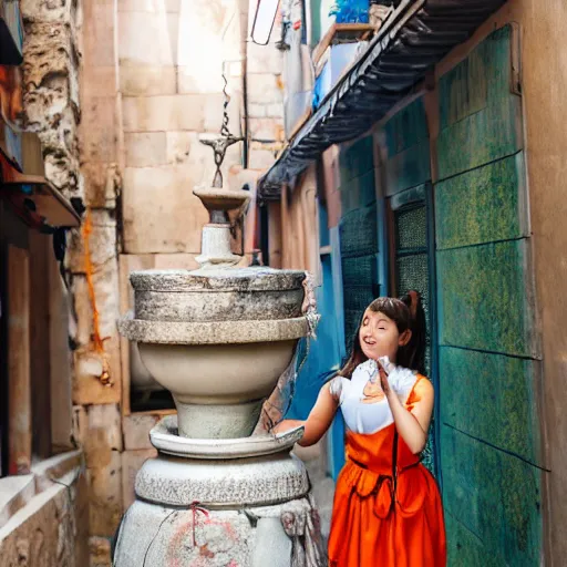 Prompt: anime girl in a greek attire pouring water out of a gourd into a fountain, spanish alleyway