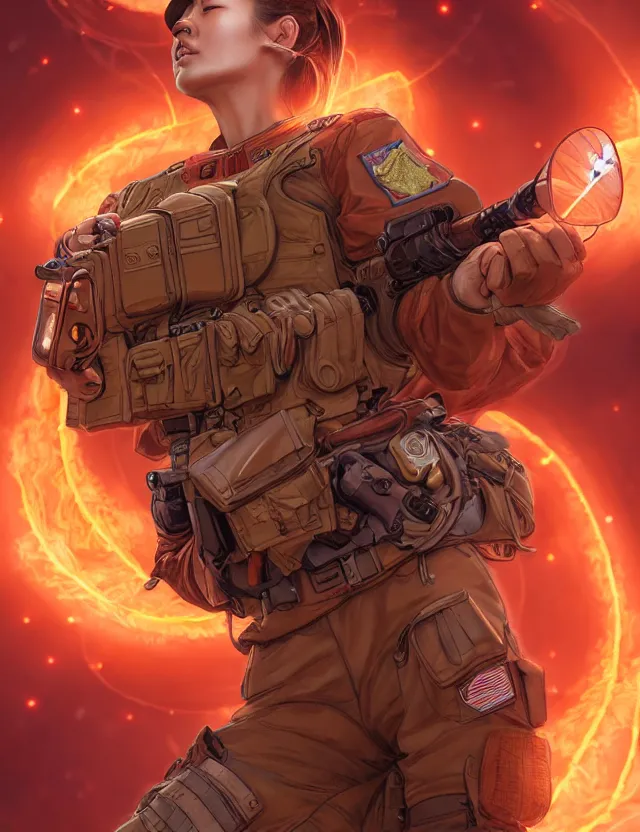 Prompt: a brown - haired woman in a military uniform hovering in the air glowing with red light and crackling energy, by tian zi and artgerm and xiaoguang sun and moebius, trending on artstation, digital art, 4 k resolution, detailed, high quality, sharp focus, hq artwork, coherent, insane detail, concept art, character concept, character full body portrait