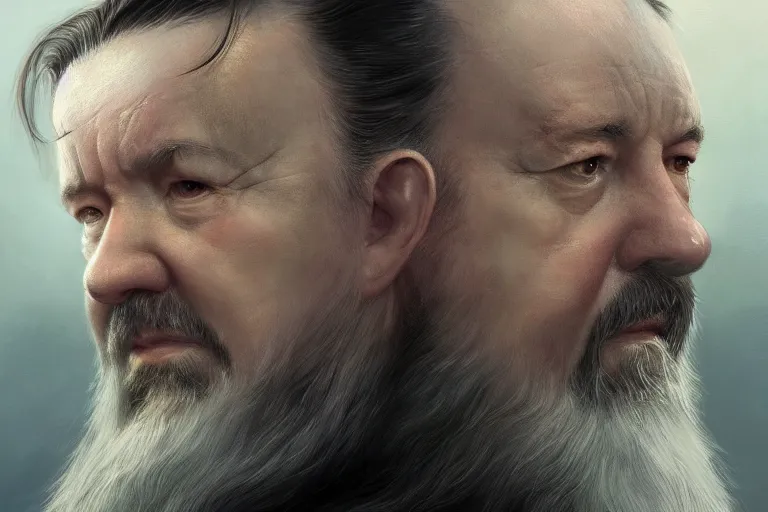 Prompt: closeup portrait of a ricky gervais as an elder wizard, lord of the rings, dramatic light, gorgeous view, depth, high detail, digital art, painted by greg rutkowski and seb mckinnon, by marguerite anderson, trending on artstation