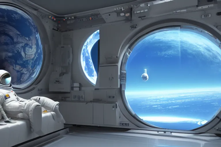 Image similar to photo realistic octane render of a living room in a space station with a sad astronaut looking out the window at earth