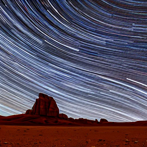 Image similar to wide angle landscape photograph long exposure of star trails in the desert in utah, 4 k photo