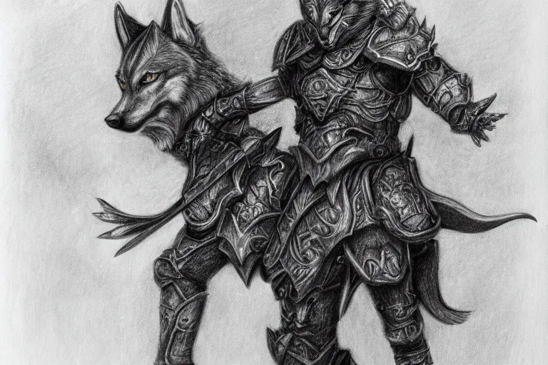 Image similar to a pencil drawing of a wolf, full body, D&D, armor, made by by Pen Tacula