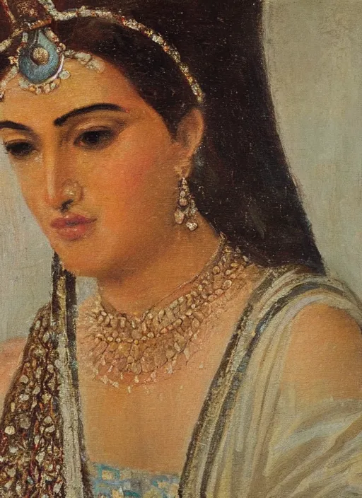 Prompt: close up portrait of an ancient Persian queen standing on a balcony of a palace, soft sunlight hitting face, oil painting,