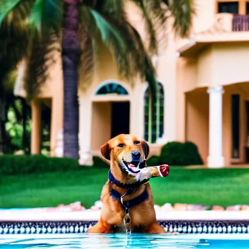 Image similar to a very detailed photo of a dog smoking a cigar outside the mansion by the pool