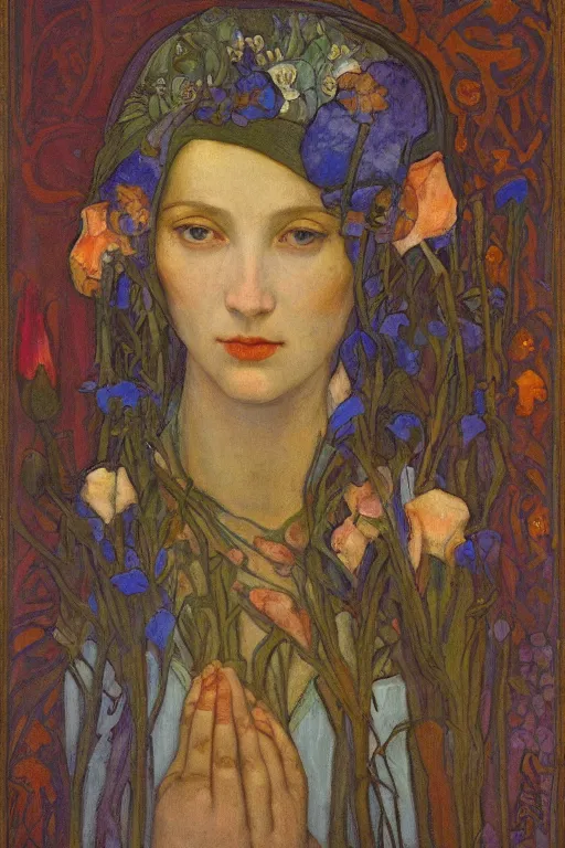 Image similar to queen of flowers by Annie Swynnerton and Nicholas Roerich, strong dramatic cinematic lighting , ornate headdress , flowing robes, lost civilizations, smooth, sharp focus, extremely detailed