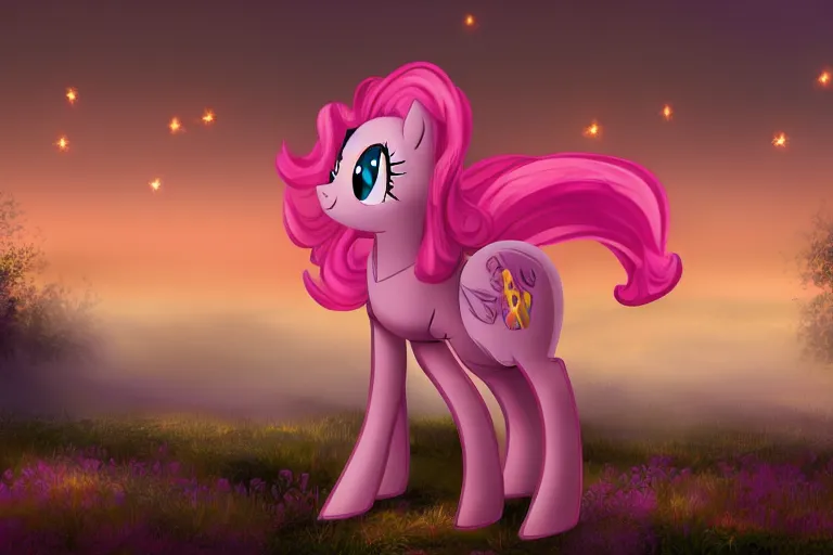 Image similar to Pinkie Pie sitting down viewed from behind, gazing off into the horizon, professional equine photography and mood lighting, flowing mane and tail, relaxed expression, subtle fog, fireflies, realistic digital art, 4k