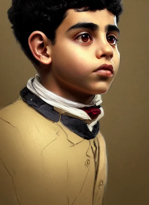 Image similar to a portrait of an egyptian boy with a crooked nose in victorian clothing, confident pose, intricate, elegant, sharp focus, illustration, highly detailed, concept art, matte, trending on artstation, anime, art by james jean and artgerm and brian despain and alberto mielgo, greg rutkowski, wlop, ilya kuvshinov, strong strokes