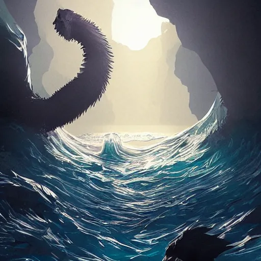 Image similar to cave monster vs wave monster, dramatic magic hour backlight, artstation