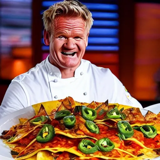 Prompt: < photo hd trending funny > gordon ramsey exudes joy from seeing an incredibly oversized plate of nachos < photo >