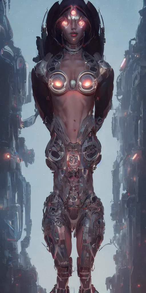 Image similar to a cyborg succubus, flawless symmetrical pretty cute face, greg rutkowski, 8 k, shallow depth of field, intricate detail, concept art,