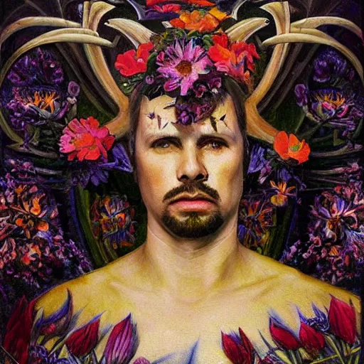 Image similar to masterpiece painting of a doug stanhope made of stylized flowers, by annie swynnerton and jean delville and tino rodriguez, flower mask, art deco shaman, symbolist, dramatic lighting, god rays, elaborate geometric ornament, clean crisp graphics, soft cool colors, smooth, sharp focus, extremely detailed