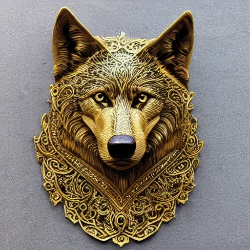 Image similar to gorgeous wolf statue portrait with gold filigree